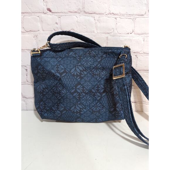 Travelon Anti-Theft Classic North South Crossbody Blue Floral Gold Hardware - Picture 5 of 14